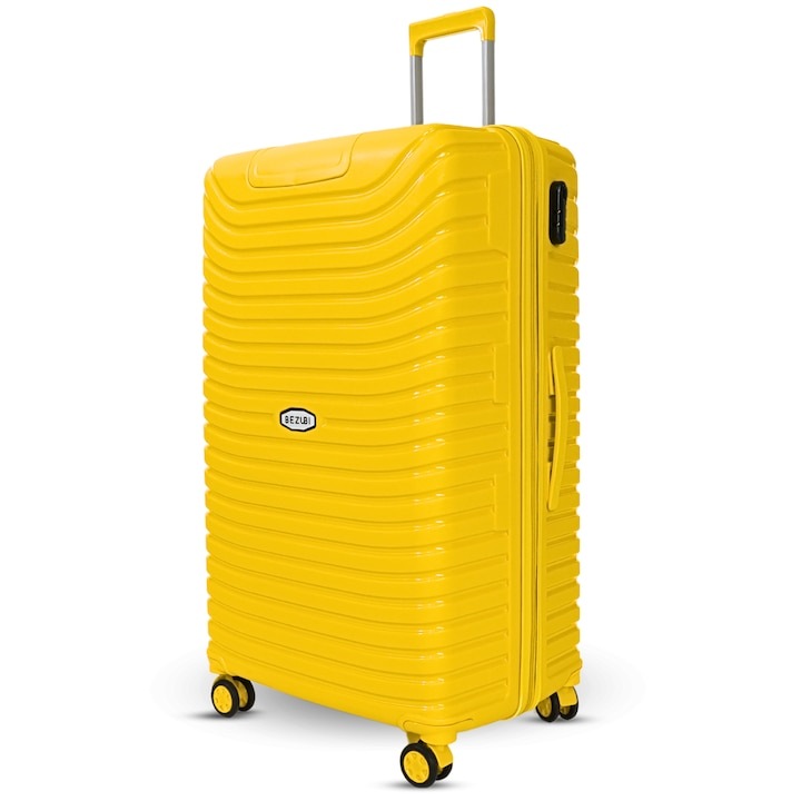 Среден куфар Bezubi Easy Travel, ръчен багаж, 71x44x32, обем 88 литра, телескопична дръжка, 4 безшумни двойни колела, въртене на 360 градуса, затваряне с цип и цифри, разделяне с джоб, специален гъвкав нечуплив PP материал, жълт