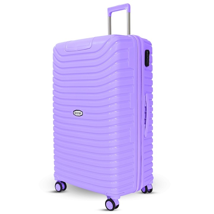 Голям куфар Bezubi Easy Travel, ръчен багаж, 84x50x38, обем 140 литра, телескопична дръжка, 4 безшумни двойни колела, въртене на 360 градуса, затваряне с цип и цифри, разделяне с джоб, специален гъвкав нечуплив PP материал, лилав