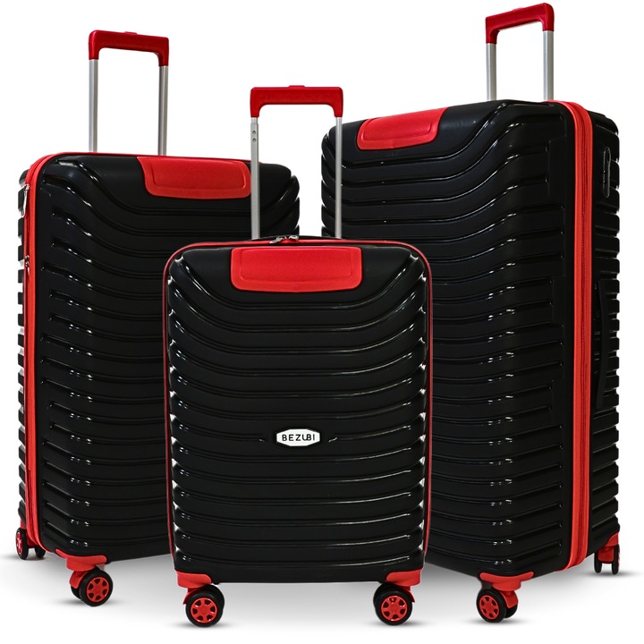 Set complet 3 trolere pentru vacanta Bezubi Easy Travel, bagaj cabina si cala, maner telescopic, 4 roti duble silentioase, rotire 360 grade, inchidere cu fermoar si cifru, compartimentare cu buzunar, material PP, anti-casabil, negru-rosu
