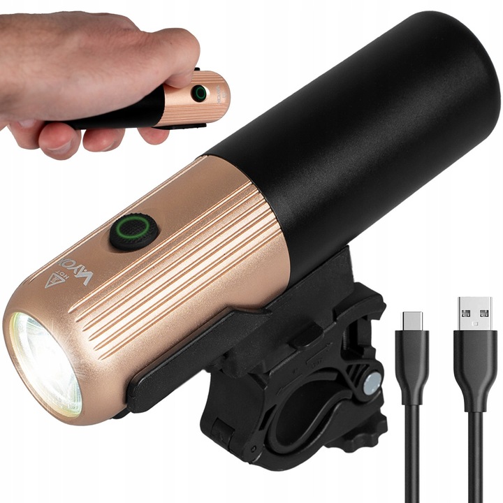 Far Lampa Bicicleta Vayox VA0072, din aluminiu, sursa XLM1 7W, acumulator reincarcabil 2600 mAh, indicator baterie, incarcare USB-C, rezistenta la apa, 450 lumeni, Auriu/Negru