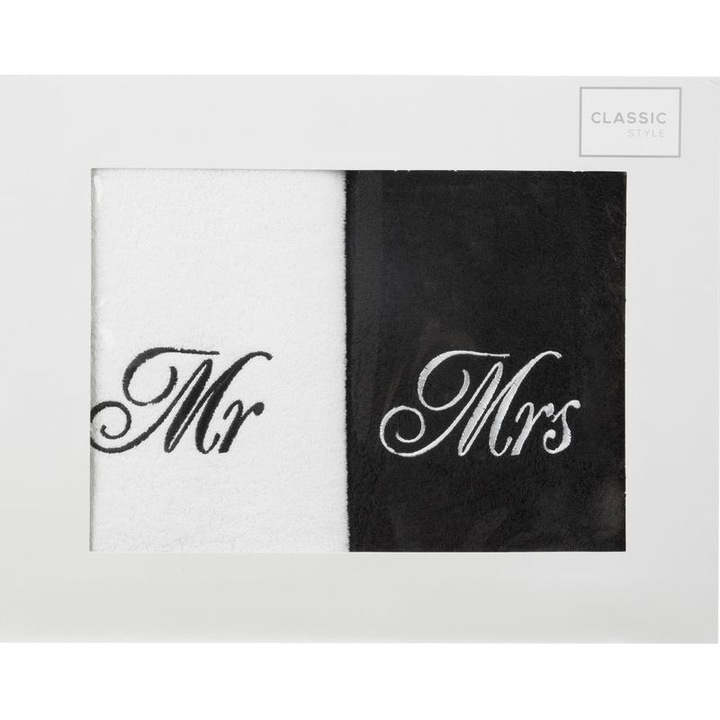 Комплект 2 кърпи в кутия, Mr&MRS, Eurofirany, 50x90см, памук, бяло/черно