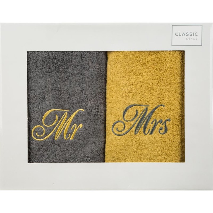 Комплект от 2 хавлиени кърпи, Eurofirany, памук, Mr & Mrs, 70 x 140 см, сиво / жълто