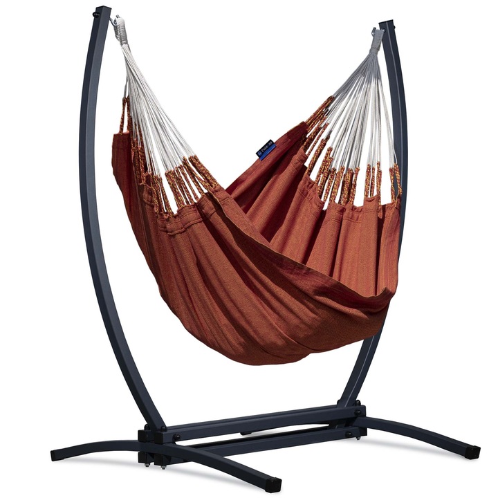 Hamac Suspendat, Potenza, Medelin XL, Cu Suport Gazela, 180x140 cm, Greutate Suportata 160 Kg, Bumbac/Otel, Gri/Portocaliu