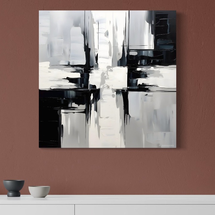 Премиум Платно Картина, LuxCanva® C1228, Абстрактна Черно-Бяла Картина, 100 X 100 СМ, 100% Памучно Платно 400гр/м2, Дървена Рамка, Цветове, Декоративен, За Хол, Ярки Цветове