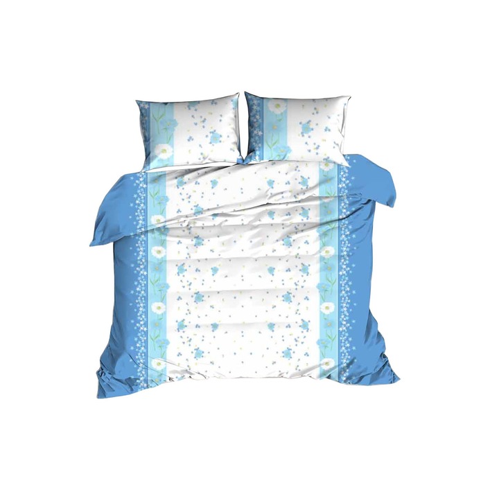 Set lenjerie de pat Darymex, bumbac, cu fermoar, albastru cu flori, 160x200cm, 70x80cm