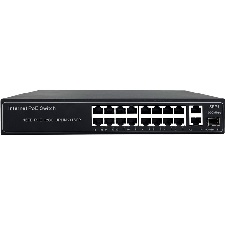 Switch Datamaxx 16 porturi 10/100 PoE+ 2 porturi 10/100/1000 si 1 porturi SFP gigabit 288W RX-1024k-P16-1S