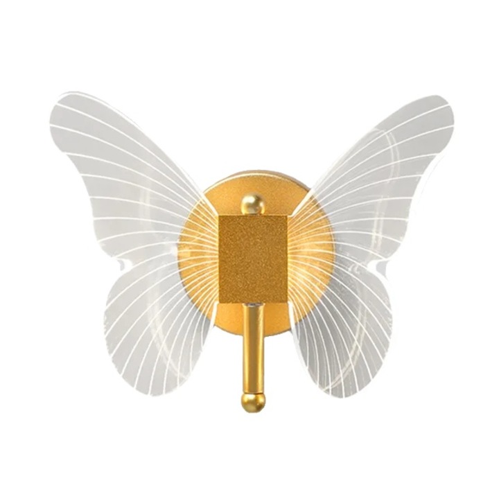 Modern LED fali lámpa, pillangós kivitel, meleg és természetes fény, átlátszó arany, 18x20 cm, akril
