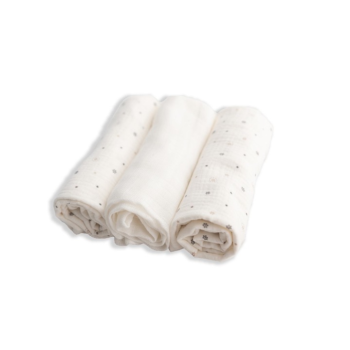 3 db BabyMatex pelenka szett, 100% pamut, Oeko-Tex minősítésű, fehér csillagokkal és pelyhekkel, 70x80cm