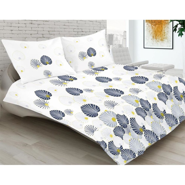 Set lenjerie de pat MATEX Premium, 220x200cm, bumbac, alb cu frunze, 3 piese