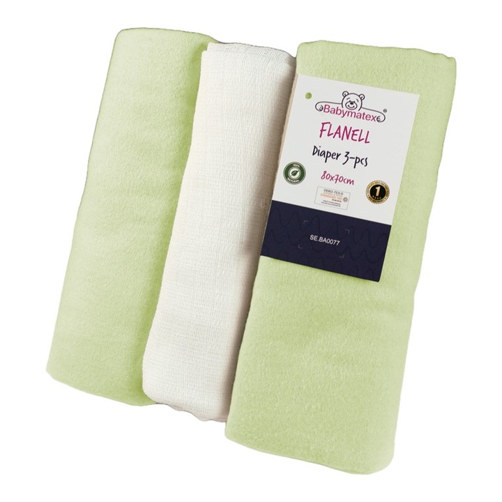 3 db flanel pelenka szett, BabyMatex, pamut, 70x80cm, fehér/világoszöld