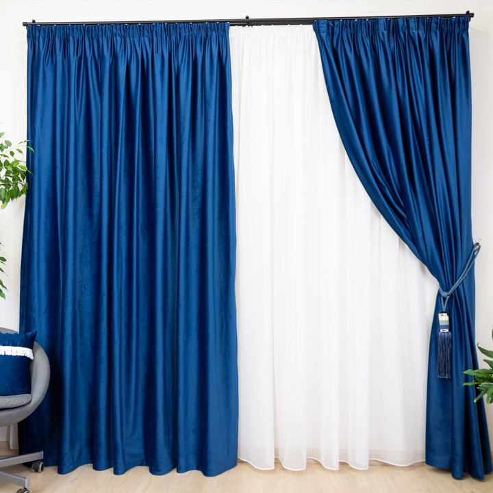 Set 3 piese Hiko Comfy, doua draperii catifea Albastra 200Lx245H cm, Blackout 85% si o perdea din voal Ana 400Lx245H pentru living, dormitor sau balcon, izolare termica si fonica, decor modern, montaj usor, design si rejansa Premium creion de 6.5cm