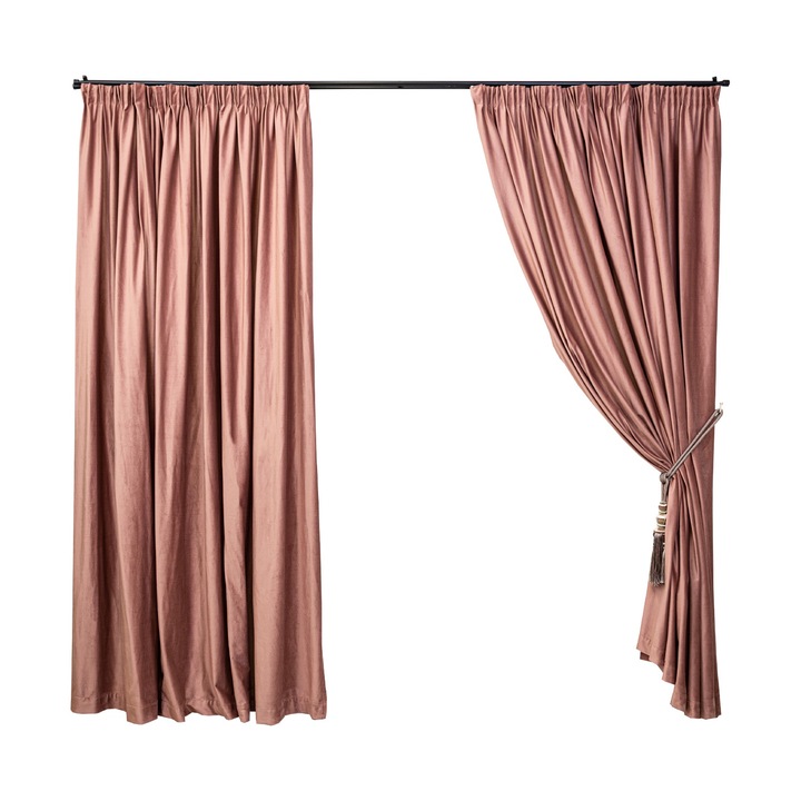 Set 2 draperii Hiko Comfy, catifea roz Somon 100Lx245H cm, Blackout 75%, elegante pentru living, dormitor, hotel, izolare termica si fonica, decor modern, montaj usor, design si rejansa premium creion de 6.5cm