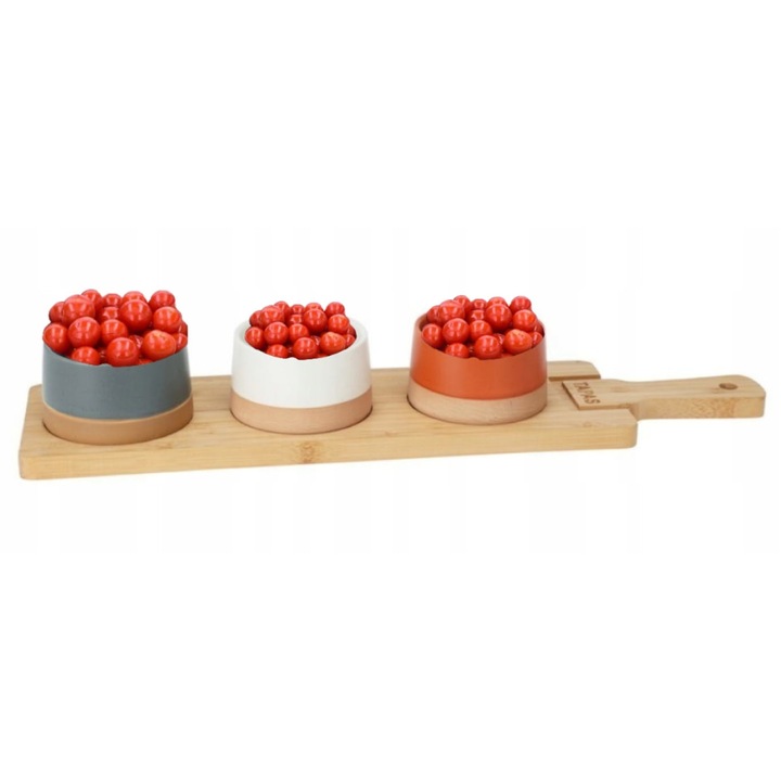 Set servire, Koopman, 3 boluri/suport, ceramica/lemn, multicolor, 48x12x1.5cm, 9.5 x 4.5 cm
