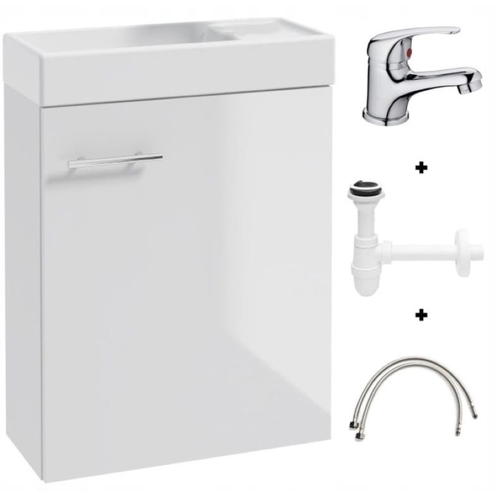 Dulap baie cu lavoar 50x70 cm, set suspendat, robinet + sifon, alb