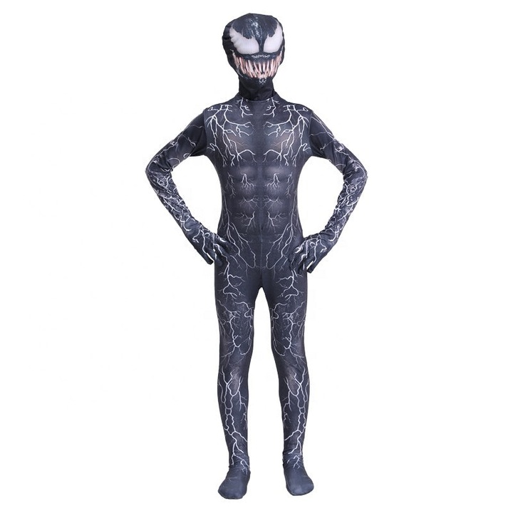 Costum Venom cu multe Fulgere pentru Copii, Set cu masca, Supererou, EvrikaUnity®, Premium Lycra 3D®, 4-5 ani, 120cm, Negru