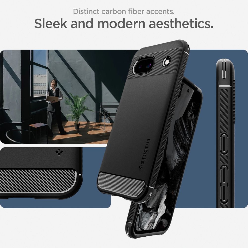 Husa telefon pentru Google Pixel 8a, Spigen Rugged Armor, TPU/Carbon, Negru