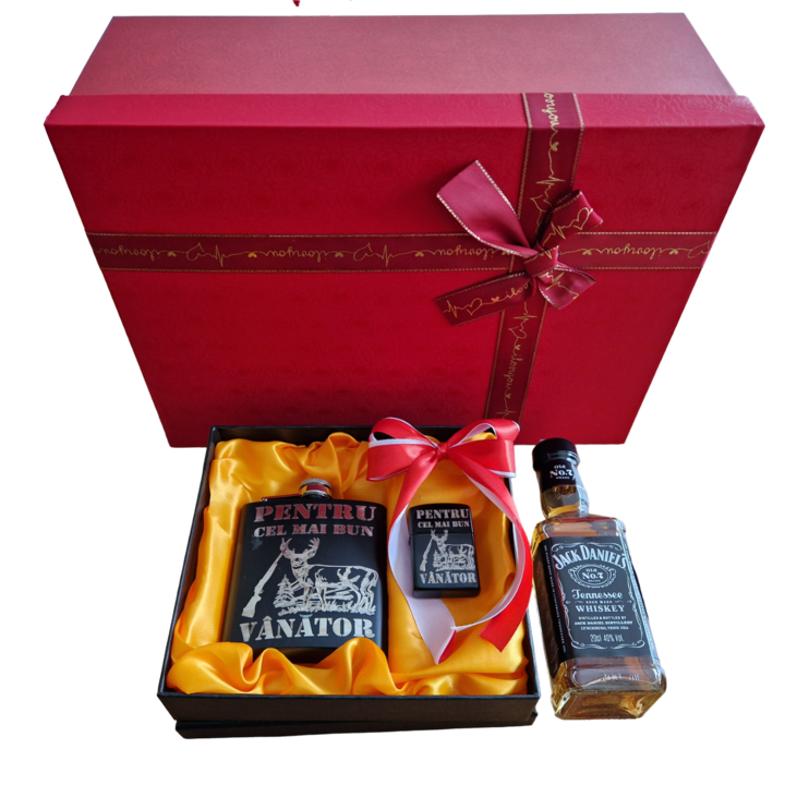 Pachet Cadou pentru barbati cu Set „Pentru cel mai bun Vanator”, Whisky, cutie decorativa cadou