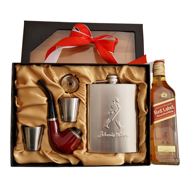 Pachet Cadou cu Set 5 piese, Johnnie Walker Red Label Whisky, cutie decorativa cadou