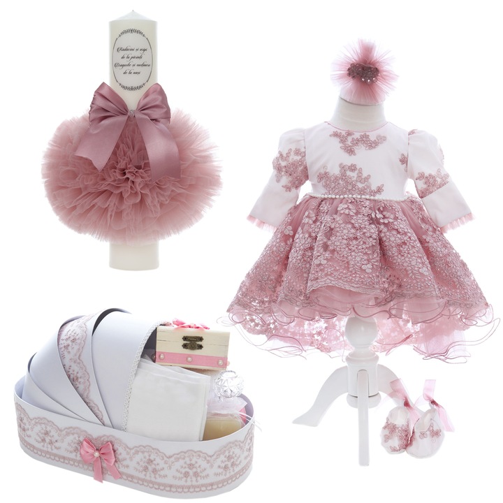 Trusou complet pentru botez de fete, trusou simplu, lumanare cu radacini si aripi de la parinti, rochita si pantofiori, roz pudrat, 12 piese, Recostore®, REC2681, 3-6 luni