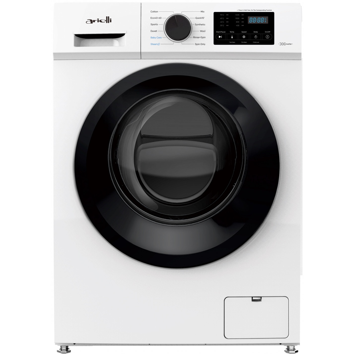 Masina de spalat rufe Arielli AWM-80415 INV, Motor inverter, 8 kg, 1400 rpm, Clasa A, Steam, Alb