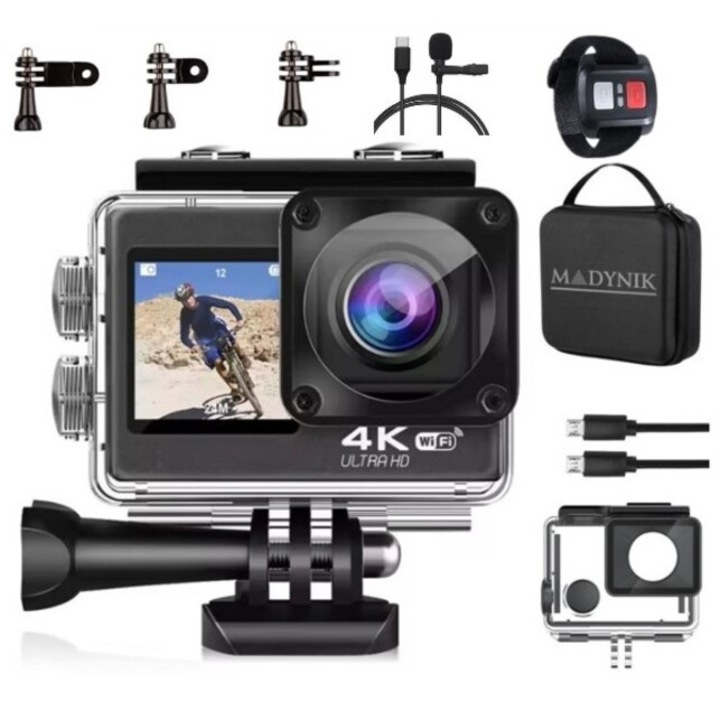 Camera de Actiune Multifunctionala Madynik™, Ecran Color Dublu, Rezolutie 4K Ultra HD 30 FPS, Zoom Digital, Anti Shock, Carcasa Rezistenta la Apa, Telecomanda Impermeabila, 3x Suporti Prindere, Microfon cablat extern si Geanta de Transport incluse