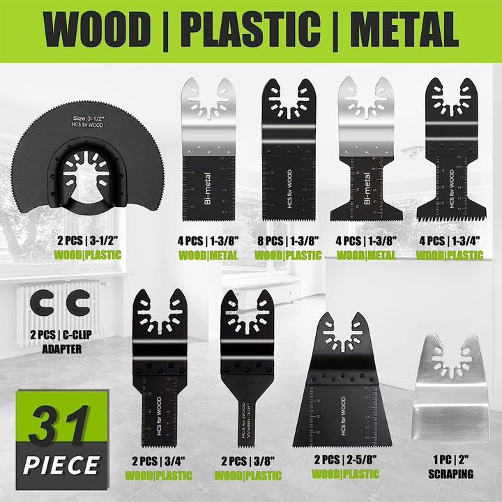 Set 31 panze oscilante pentru unelte multifunctionale, TopGearWorld®, HCS, Compatibil cu Bosch/Dewalt/Makita, Negru/Argintiu