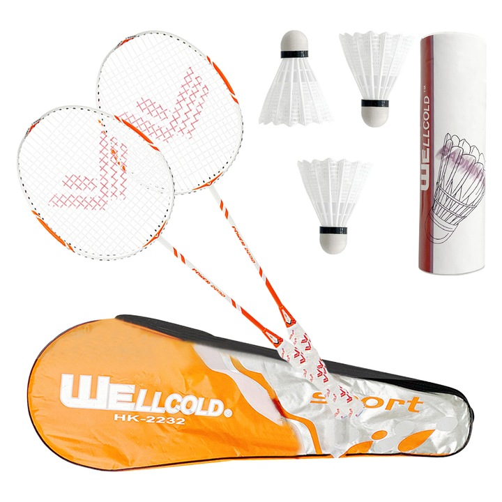 Set badminton, TopGearWorld®, 3 rachete badminton, Aluminiu, Geanta Transport, Portocaliu/alb