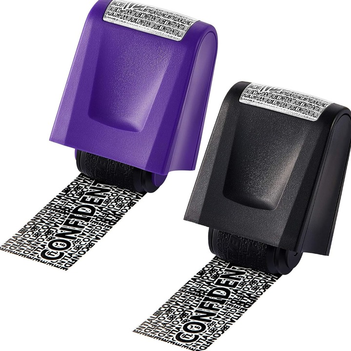 Set 2 stampile confidentialitate, NUODWELL, Usor de operat, acoperiti informatiile instantaneu, Robusta si de lunga durata, Mic si de economisire a spatiului, Pentru facturi, extras de cont bancar si informatii despre adresa, 61x38mm, Plastic, Negru/ Mov