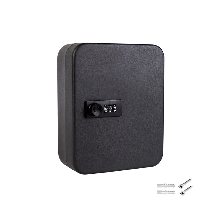 Кутия за съхранение на ключове с код, NUODWELL, Може да побере до 20 ключа, Издръжливата стомана е безопасна и сигурна, конфигурация с 3-цифрена кодова брава, Лесна за инсталиране, За офиси, жилищни комплекси, 20x16x7,5 см, Метал, Черен