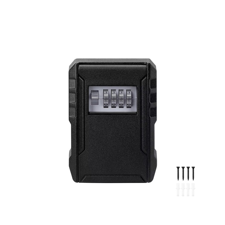 Кутия за ключове NUODWELL, Голям капацитет, 4-цифрен механичен код, Водоустойчива, издръжлива и здрава, За апартаменти, складове и офиси, 120 x 89 mm, Алуминиева сплав, Метал, Черна