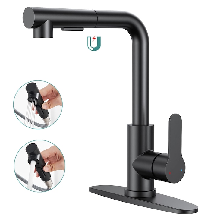 Baterie Bucatarie, BYONDSELF®, 2 Functii Spray, 360° Pivotant, Pipa cu Dus Extractibil, 3/8, Cartus Ceramic, Inox, Negru