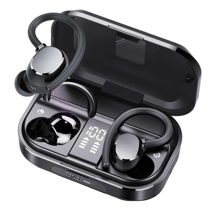 Casti wireless bluetooth, audio, in ear, fara fir, sport, 3D stereo, Afisaj Digital, Bluetooth 5.3, Control tactil/touch, casti true wireless, pentru telefon, control touch, asistent vocal, Autonomie 120h, Compatibilitate Universala, Negru