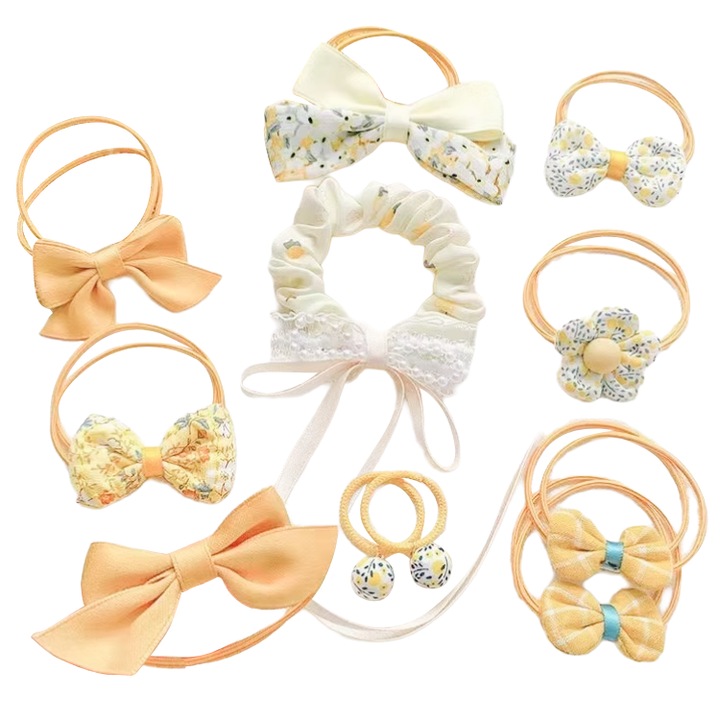 Set 10 piese accesorii par pentru fete, fundite elastice, galben