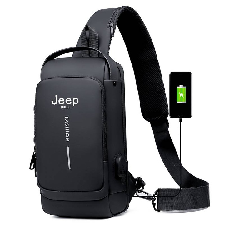 Мъжка чанта Jeep Buluo, Crossbody, водоустойчива, с USB порт, черна