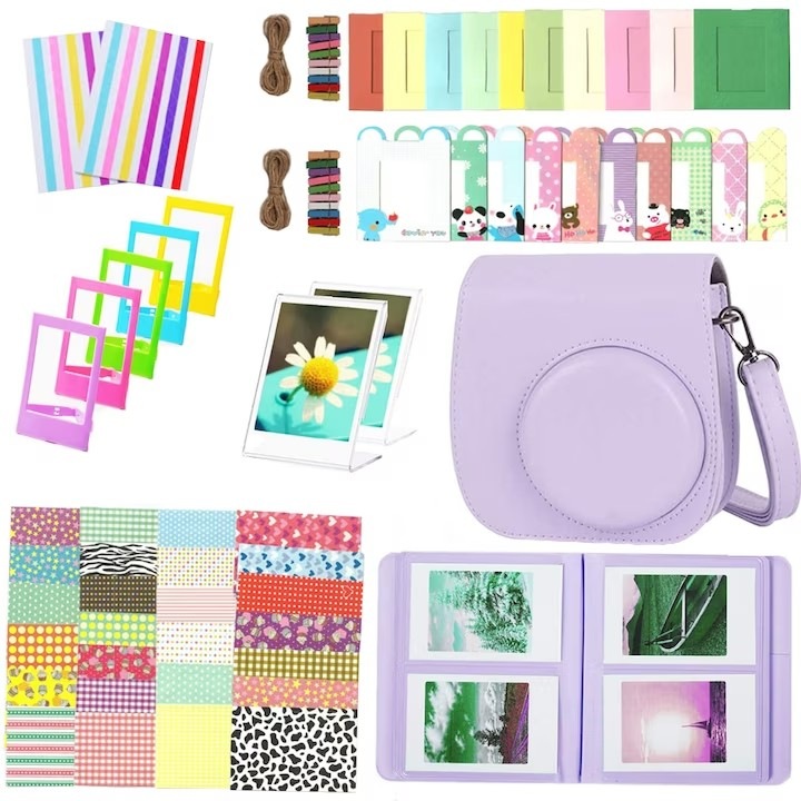 Azonnali fényképezőgép-kiegészítő készlet, tok/album/filmkeret/keretmatrica, kompatibilis az Instax Mini 11-el, férőhely 64 lap számára, lila