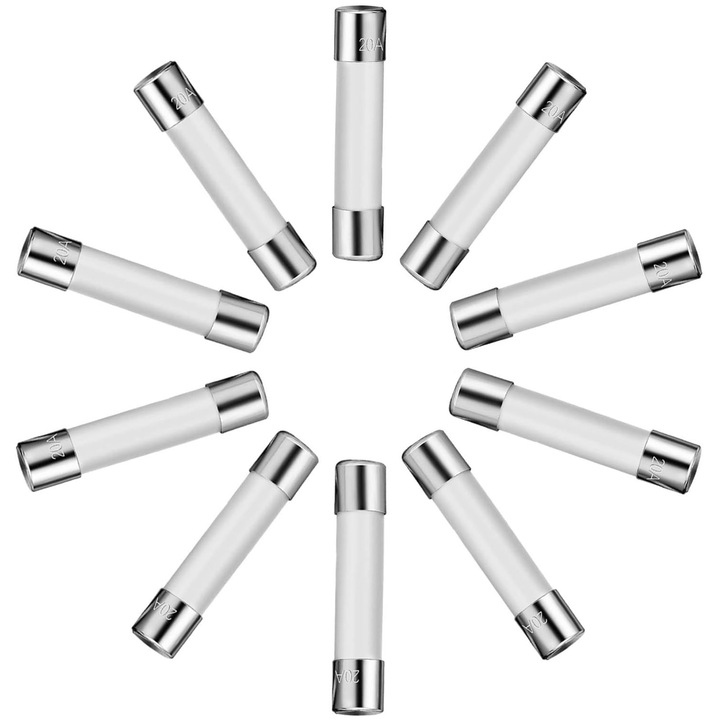 Комплект от 10 керамични предпазителя 20A, Axroad Mall, 250V, Размери 5x20 mm, Метални накрайници, Устойчивост на корозия, Добра електропроводимост, Дълъг живот, За микровълнова фурна, Бял/сребрист