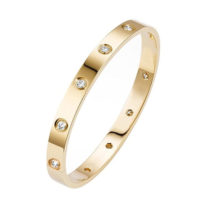 Bratara fixa dama, Vaxiuja, Inox/Zirconiu, Placata cu aur, Auriu