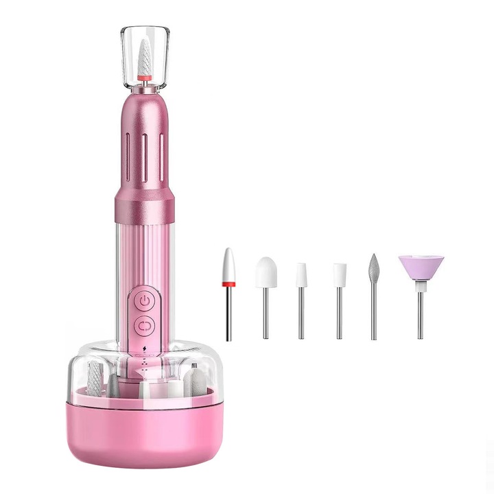 Freza unghii profesionala, 20000 RPM, 500mAh, 3.7V, 6 capete pentru pila, Manichiura, Pedichiura, reincarcabila, Portabil, design ergonomic, reincarcabila, Vaxiuja, Roz