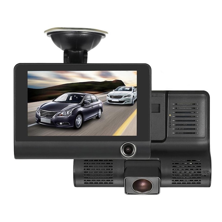 Камера за кола LEIISVK, Тройна, DVR, Full HD, 170°, 4" екран, Черна