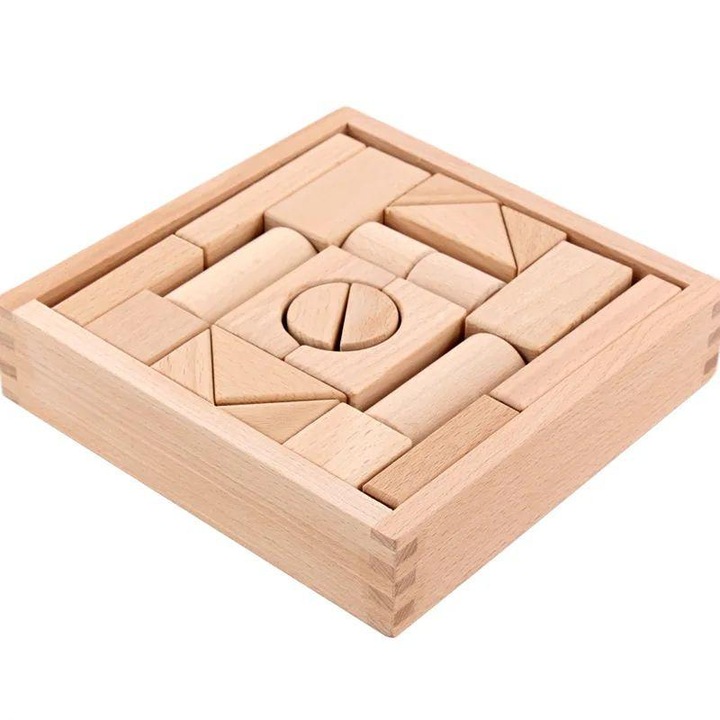 Cuburi din lemn, Courtyard blocks, Jucarie Educatie Montessori Pentru Copii, 22 piese