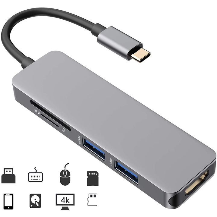 Мултифункционален хъб 5 в 1, Mmgoqqt, Type-C 3.1 към HDMI, сив