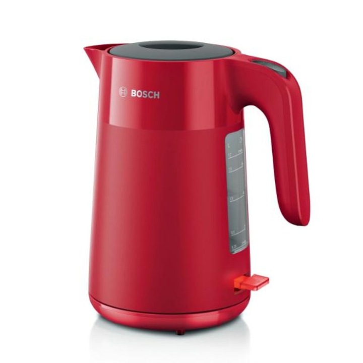 Електрическа кана Bosch, TWK2M164, MyMoment Plastic Kettle, 2400 W, 1.7 l, Индикатор за чаша, Филтър за котлен камък, Тройна функция за безопасност, Червен