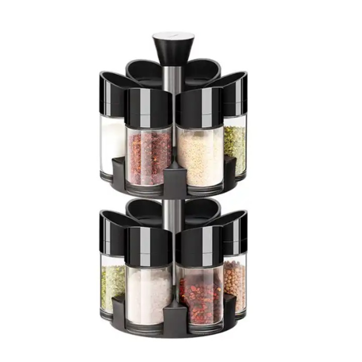 Recipiente condimente, 12 Recipiente, Rotire 360, ABS, Negru, 11.5 x 5 cm