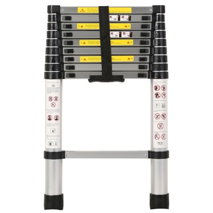 Alumínium teleszkópos létra, 2,9 m-ig kihúzható, 10 lépcsőfok, 150 kg
