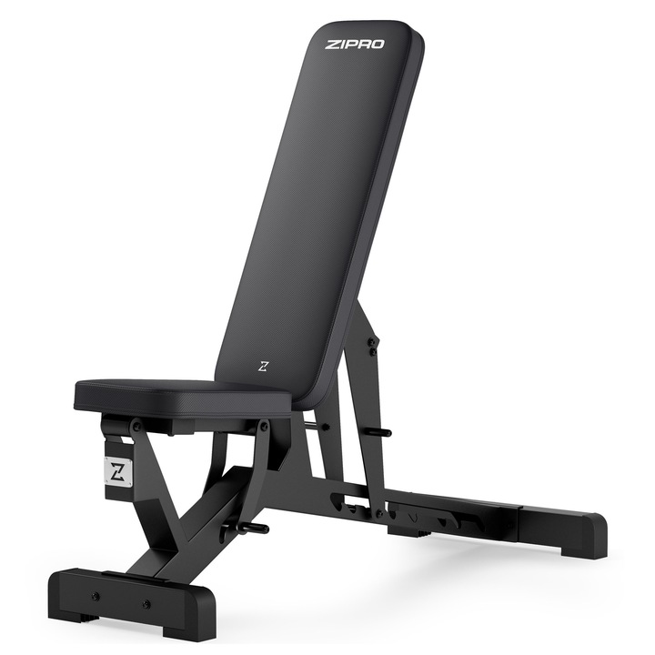 Banc de antrenament, Zipro, PumpIron, greutate maxima 140 kg, scaun reglabil, spatar reglabil, suport biceps reglabil, suport haltere reglabil, Negru