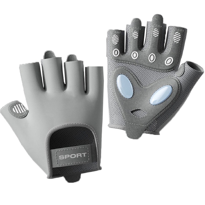 Ръкавици за фитнес и тренировка, POMAMZ, Дишаща и устойчива на износване материя, Със защита на дланта, Половин пръст и нехлъзгащ дизайн, Със залепващо велкро, M Сиво