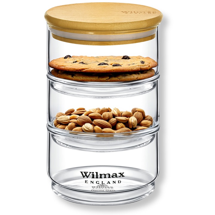 Borcan cu capac 3 sectiuni, Wilmax England, Sticla, 20x12 cm, Transparent