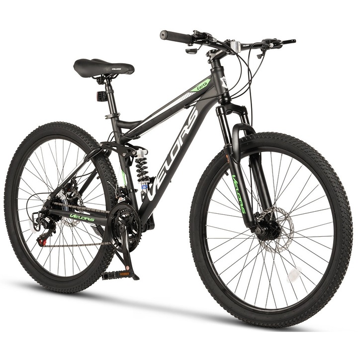 MTB kerékpár, 29"-es kerekekkel, Shimano/Carpat felszereltség, DISC fékek elöl/hátul, 21 sebesség, fekete/fehér/zöld, Mountain Bike Velours Earth Genius dupla felfüggesztéssel 2024 Generation