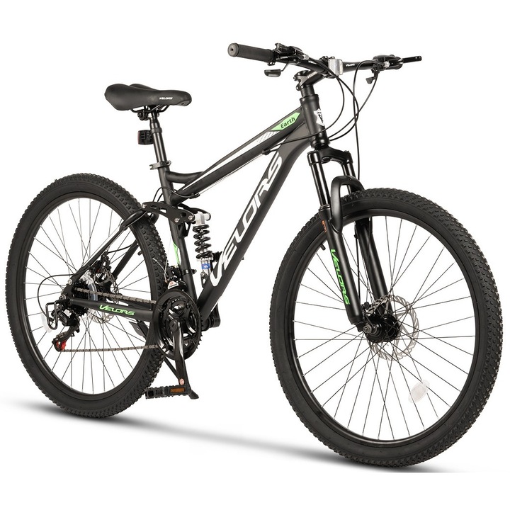 Bicicleta MTB cu Roti de 26", echipare Shimano/Carpat, Frane DISC-fata/spate, 21 Viteze, negru/alb/verde, Mountain Bike Velors Earth Genius cu Dubla Suspensie 2024 Generation