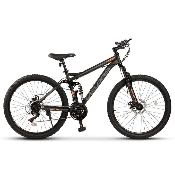 Велосипед с Пълно окачване Velors Earth V2660G MTB, 26", Shimano Tourney TZ 7-скоростен заден дерайльор, механични дискови спирачки, 26-инчови колела, рамка с пълно окачване, черно/сиво/оранжево